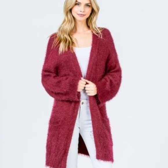 CINDY Cranberry Fuzzy Cardigan - Picture 4 of 4